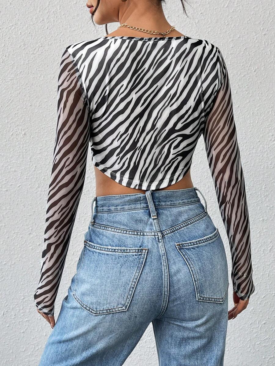 SHEIN Essnce Zwart En Wit Zebrapatroon Dubbellaags Doorschijnend brei Tshirts Met Onregelmatig