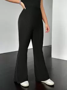 SHEIN EZwear Pantalones negros de campana acampanados y acanalados para mujer de talla grande