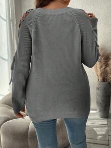 SHEIN Clasi 加大尺碼交叉綁帶前深v領毛衣套頭衫 - 灰色 - 查看 2