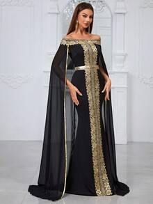 YISIKADO Off Shoulder Cape Sleeve Gold Lace Embroidered Mermaid Evening Dress, Elegant Formal Gown For Wedding Guest, Party, Banquet Graduation Dinner - Black - View 1
