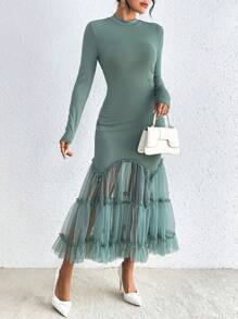 SHEIN Privé 女士立領長袖網紗人魚裙連衣裙 - 綠色 - 查看 6