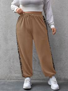 SHEIN Essnce 加大號豹紋拼接束口腰運動長褲 - 卡其色 - 查看 3