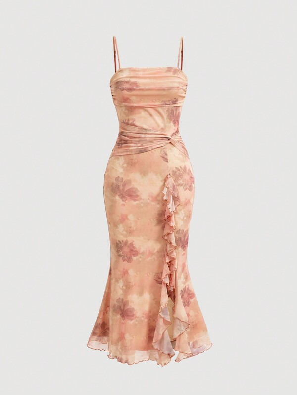 SHEIN MOD Women's Floral Print Ruffle Hem Cami Dress