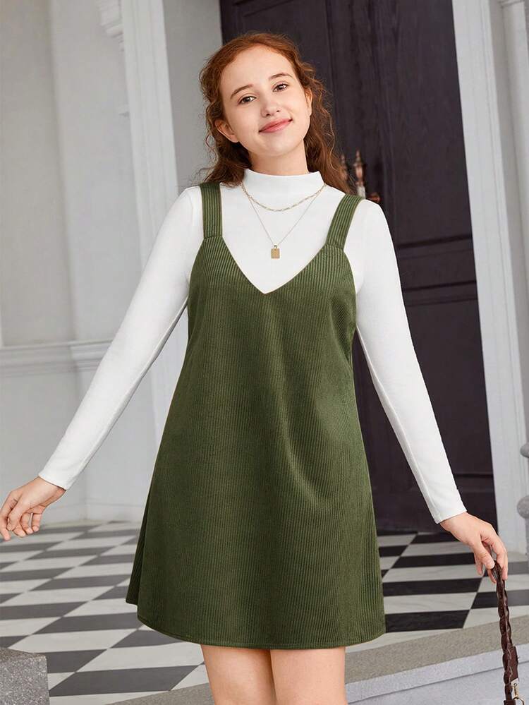 Teen Girls' Ribbed Turtleneck T-Shirt And Corduroy Suspender Skirt Two Piece Set