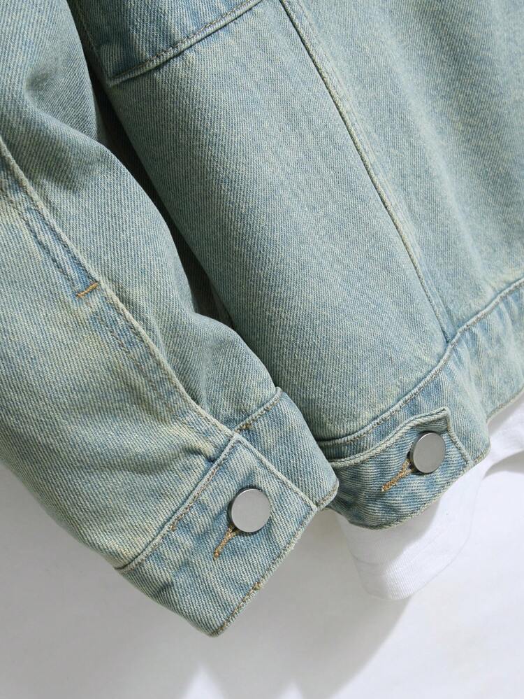 Men's Dual Pocket Ripped Blue Loose Denim Jacket With Washed Finish