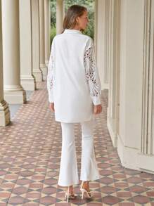 Anewsta Women's Hollow Out Drop Shoulder Long Sleeve Shirt - White - View 2