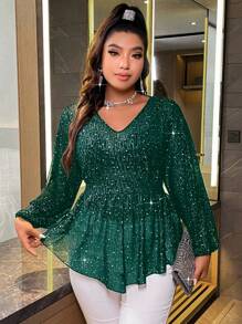 Celure 大尺寸 V 領燈籠袖荷葉邊下擺襯衫 - 墨綠色 - 查看 5