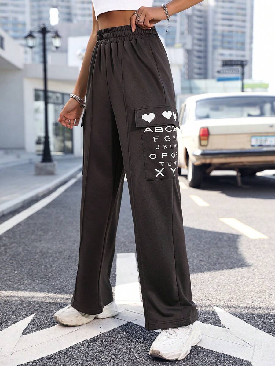 SHEIN Unity Letter And Heart Print Flap Pocket Side Striped Jogger Pants - Dark Grey - View 1