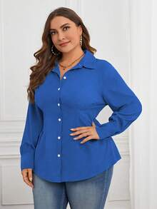 Maweii 大碼純色長袖襯衫 - 藍色 - 查看 6