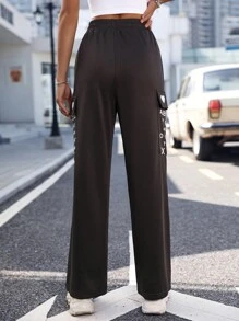 SHEIN Unity Letter And Heart Print Flap Pocket Side Striped Jogger Pants - Dark Grey - View 2