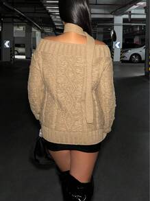 Zolique 不对称领口麻花针织套头衫秋冬毛衣 - 卡其色 - 查看 2