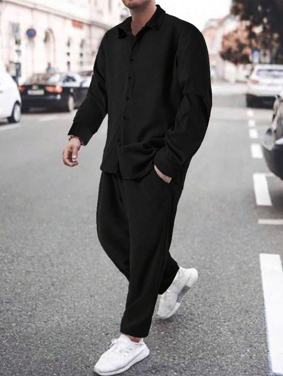 Manfinity Homme Bộ đồ thường ngày áo sơ mi trơn màu và quần dài cho nam, trang phục mùa thu - màu đen - Xem 1