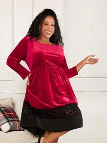 SHEIN CURVE+ Talla grande Vestido Navidad con encaje en contraste bajo con fruncido de terciopelo - Multicolor - Ver 1