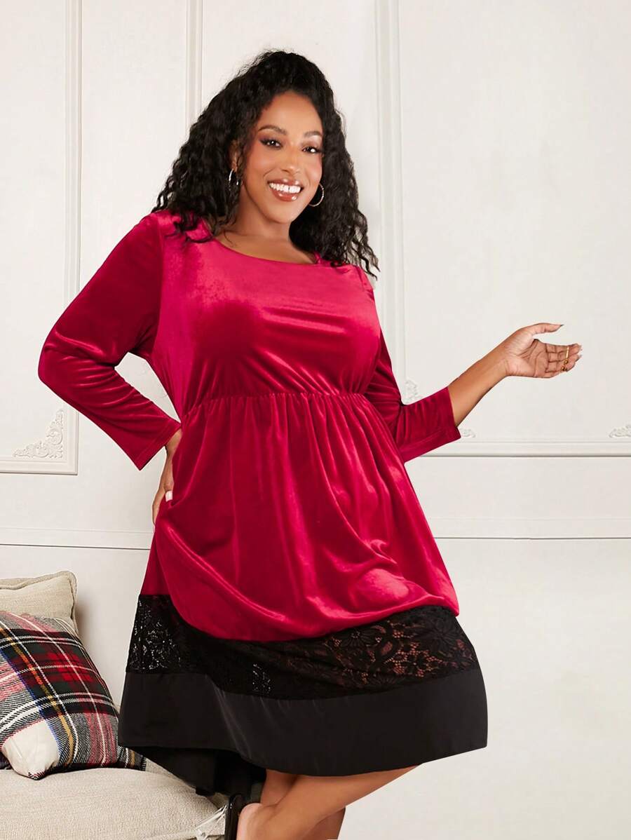 SHEIN CURVE+ Talla grande Vestido Navidad con encaje en contraste bajo con fruncido de terciopelo - Multicolor - Ver 1