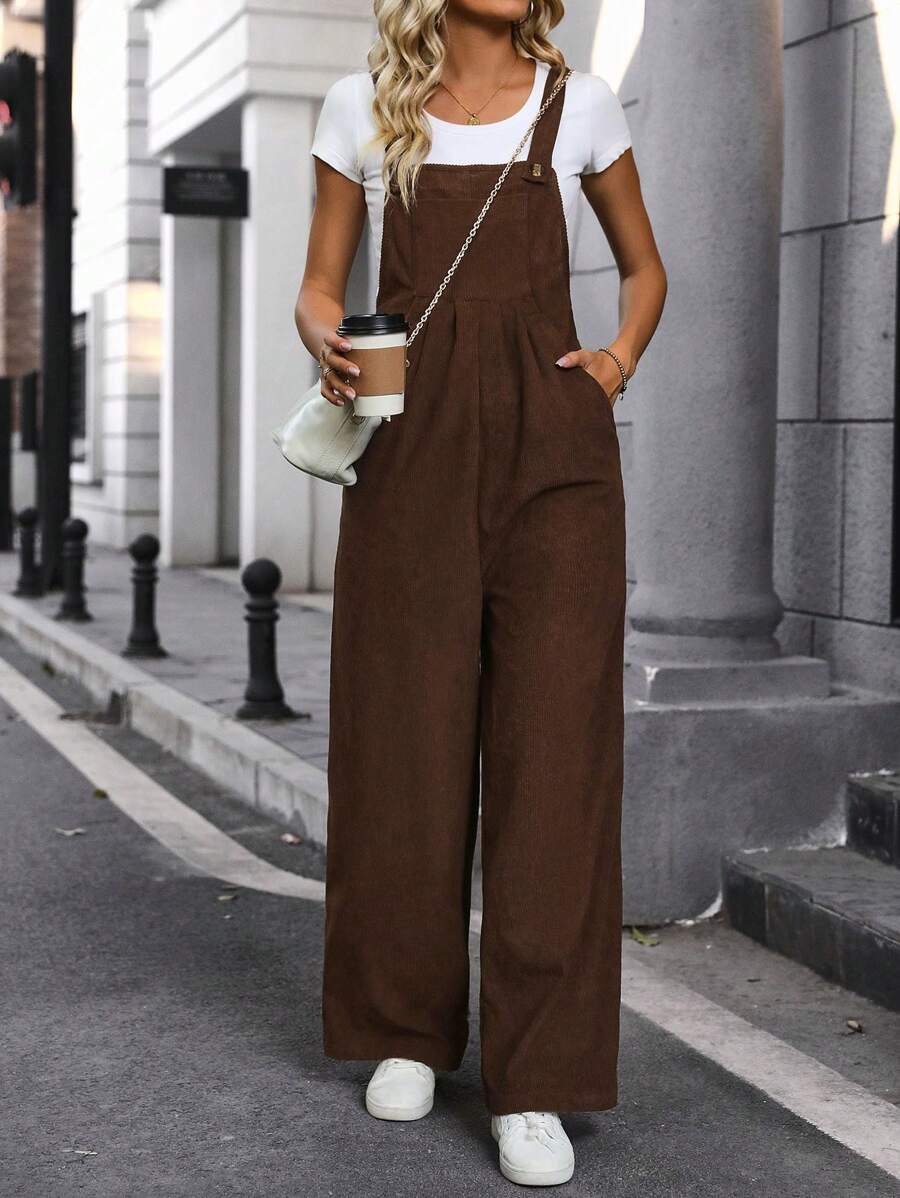 SHEIN LUNE Solid Color Corduroy Jumpsuit - Coffee Brown - View 1
