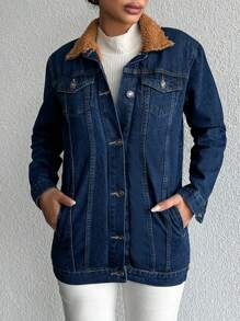 EURMUSE Ladies' Long-sleeved Fleece-lined Denim Jacket - Dark Wash - View 5