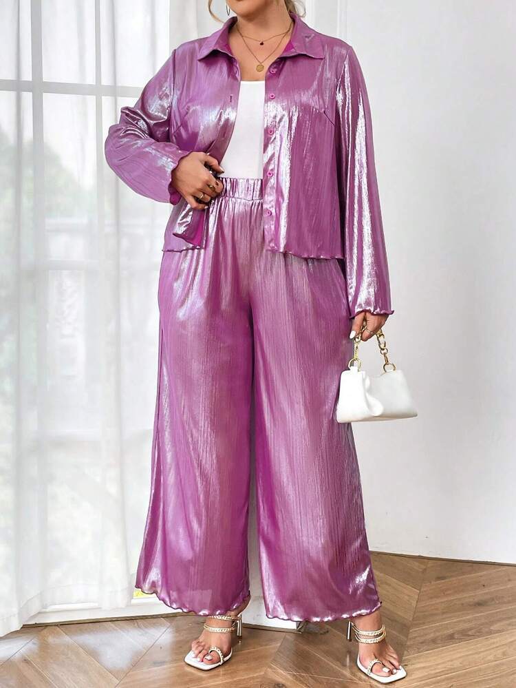 Plus Size Women'S New Fashion Party Button-Down Shirt And Wide Leg Pants 2 Pieces/Set
