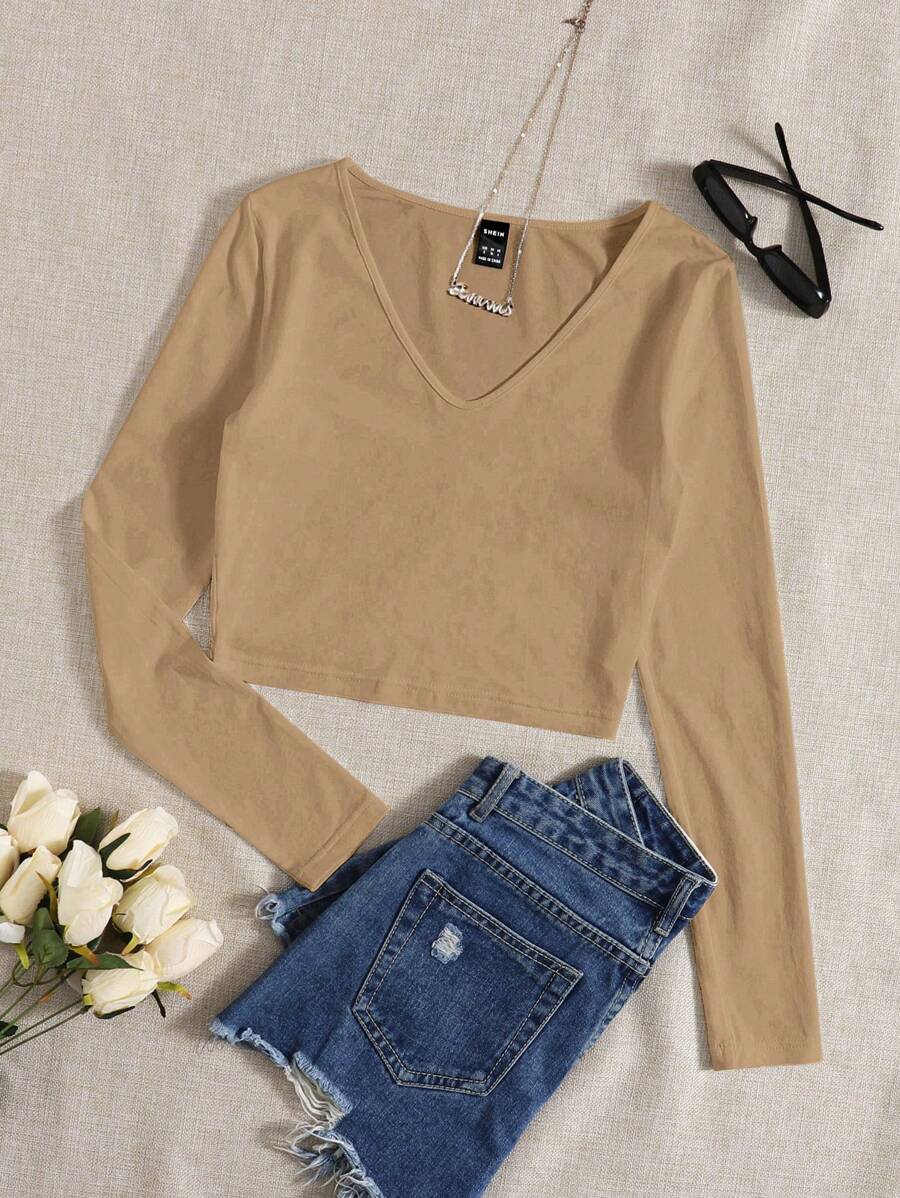 Cottnline Solid V Neck Crop Tee - Camel - View 1