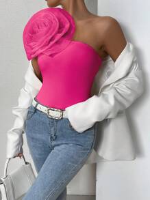 Chiquease Women's One Shoulder Top With 3d Flower Detail - Hot Pink - View 6