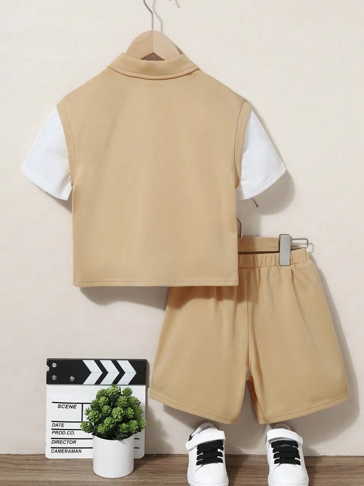 Boys' Loose Casual Zipper Half-Cardigan Top And Shorts Two-Piece Set