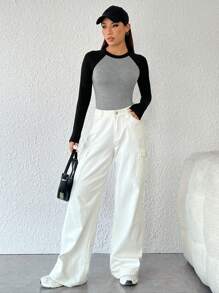 SHEIN PETITE 拼色長袖連身衣 - 彩色 - 查看 7