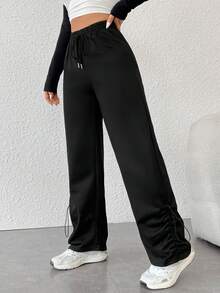 SHEIN PETITE Drawstring Waist And Side Design Long Pants - Black - View 4
