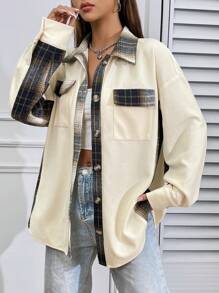 SHEIN Unity 女式寬鬆方格拼接垂肩長袖夾克 - 杏色 - 查看 5