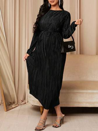 MaterniChic Maternity Long Sleeve Dress With Waist Belt