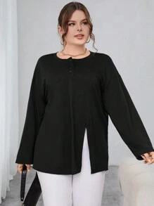 SHEIN Essnce 大尺碼分割下擺t恤 - 杏色 - 查看 1