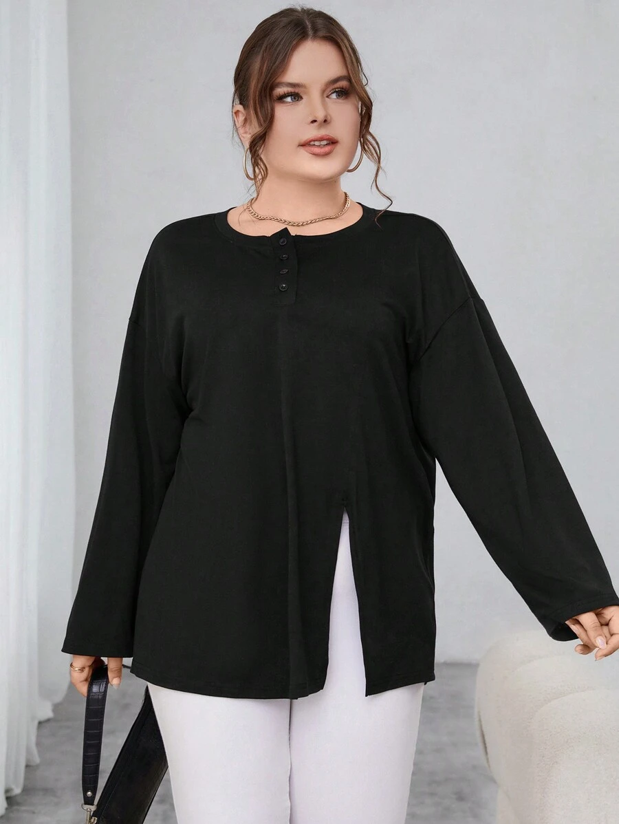 SHEIN Essnce 大尺碼分割下擺t恤 - 杏色 - 查看 1