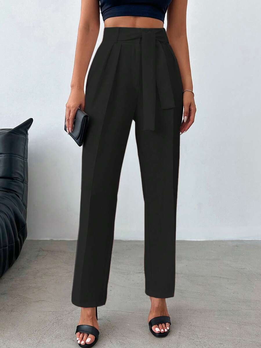 SHEIN Cottnline High Waist Fold Pleated Detail Pants - Black - View 1