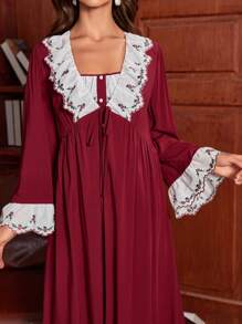 PalaceNights Women's Floral Embroidered Long Sleeve Tie Front Robe And Cami Nightgown Pajama Set Holiday Season, Fall Winter Clothes
