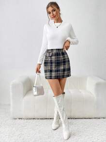 SHEIN Privé Chi tiết về Flap Checkered Váy - màu đen - Xem 4