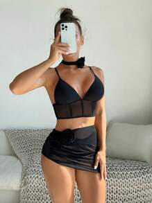 Mesh Splicing 3d Flower Decoration Bikini Set Summer Beach - Black - View 5