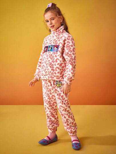 ANIMANIACS X SHEIN Tween Girl Cartoon Patched Half-Zip Teddy Sweatshirt And Pants Outfit Set With Leopard Print