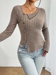 SHEIN Essnce Women's Asymmetrical Neckline Button Decorated Distressed Ribbed T-Shirt - Coffee Brown - View 6