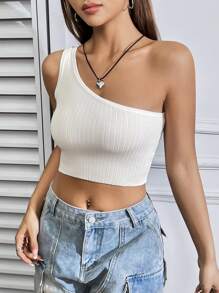 SHEIN Unity One-Shoulder Cropped Knit Top - White - View 4