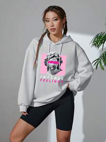 SHEIN EZwear 雕塑與文字印花連帽休閒運動衫 - 墨綠色 - 查看 4