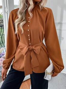 SHEIN Privé Thắt lưng Tay Raglan Áo sơ mi - màu nâu - Xem 3