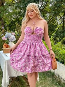 Breezaya Vestido con estampado floral con cuello halter y espalda descubierta, talla grande