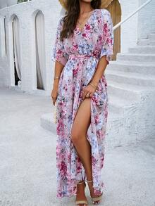 PoPoHouse Women's Elegant Romantic Holiday Wind Floral Print Belt Summer Dress, Beach Vacation Outfits Women - Pink - View 5