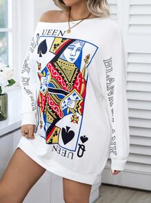 Calvaya Vestido Estilo Sudadera Con Hombros Inclinados De Moda De Talla Grande Con Estampado De Naipes - Blanco - Ver 3