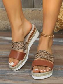 Lightweight Woven Brown Open Toe Thick Bottom Wedge Sandals For Women, Non-Slip Summer Beach Shoes, Indoor And Outdoor Slippers - Brown - View 5