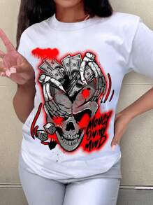 INAWLY Skull Print Short Sleeve T-shirt - White - View 1