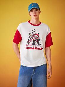 ANIMANIACS X SHEIN 1件漫畫和字母印花拼接下肩寬鬆T恤，夏季 - 白色 - 查看 5