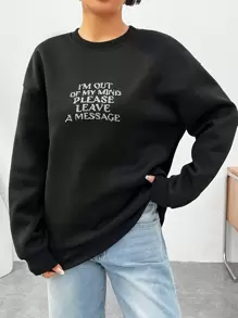 SHEIN EZwear Sudadera De Hombro Caído Con Estampado De Lema Para Mujer - Negro - Ver 4