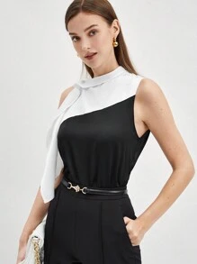 BizChic Women's Sleeveless Color-Blocking Asymmetrical Hem Blouse - Black and White - View 7