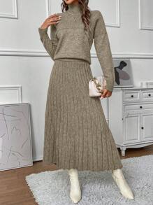 SHEIN LUNE Elegant Women's Raglan Long Sleeve Sweater And Knit Skirt Two Piece Set - Mocha Brown - View 1