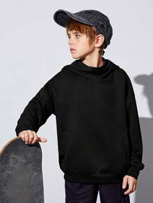 SHEIN 男童休閒帽衫,乾淨色調,下垂肩設計 - 黑色 - 查看 5