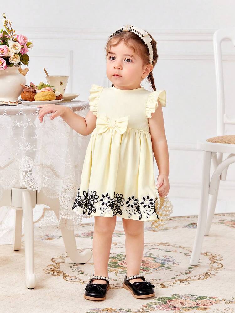 Baby Girls' Cute Sleeveless Dress With Pale Yellow Bowknot & Lace Details